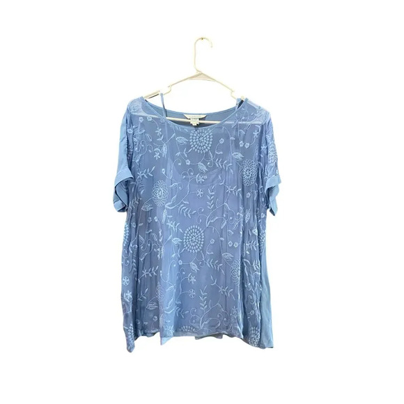 SUNDANCE Blue Embroidered Silk Short Sleeve Sheer Overlay Blouse Top Size Medium - Picture 1 of 3
